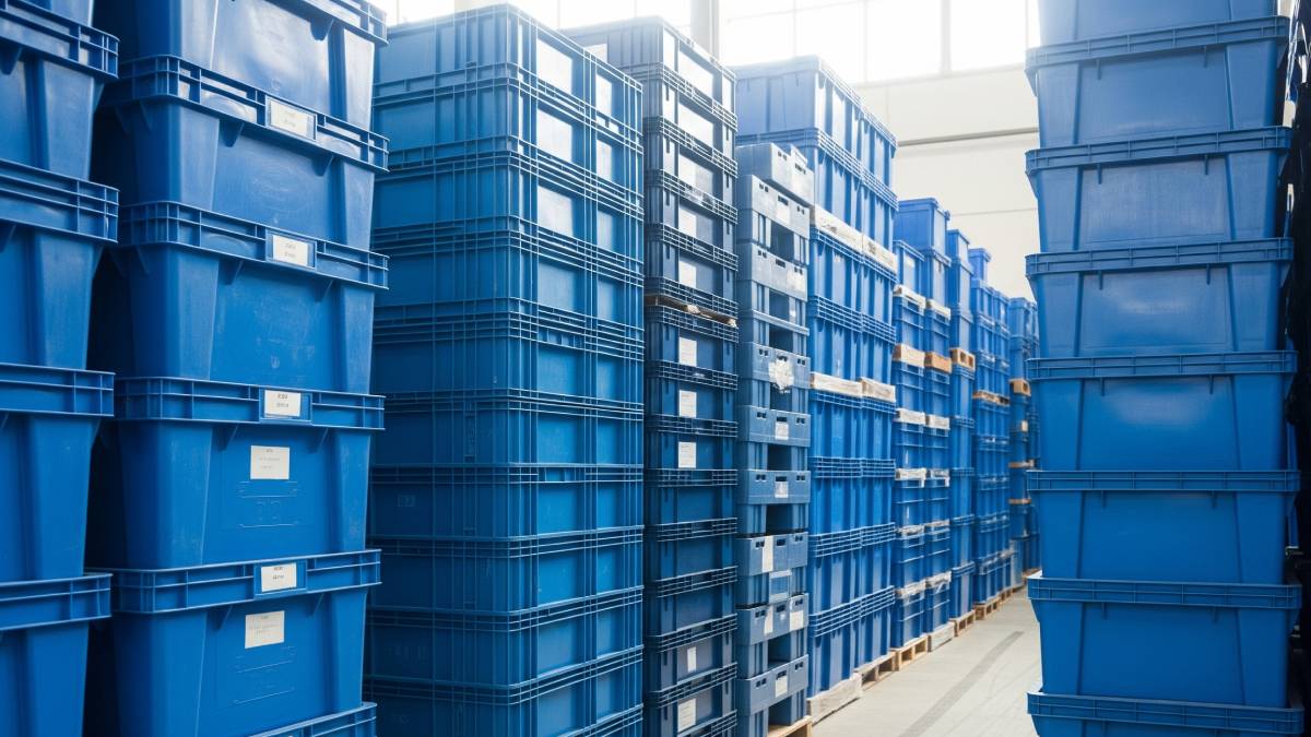 Sóng nhựa bít xếp chồng trong kho công nghiệp