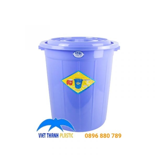 Thùng nhựa 120L màu tím, có nắp kín, PP bền, lưu trữ nước, thực phẩm an toàn