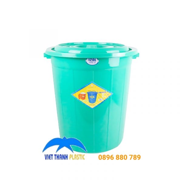 Thùng nhựa 120L màu xanh, có nắp kín, nhựa PP, an toàn đựng nước, thực phẩm