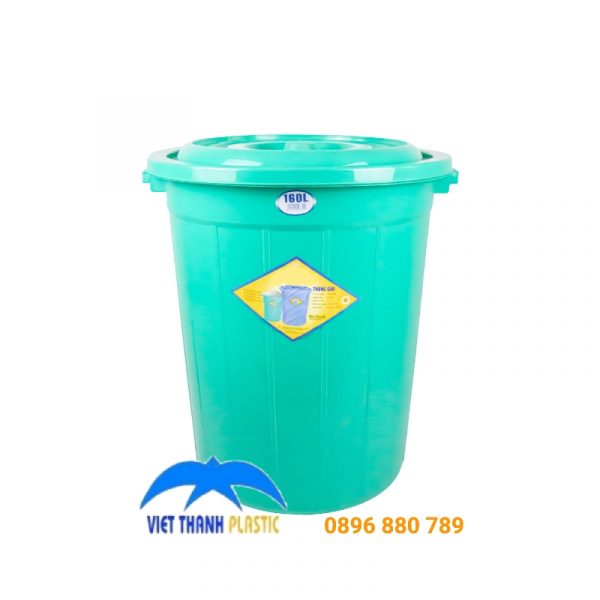 Thùng nhựa 160L màu xanh có nắp, nhựa PP bền đẹp, an toàn