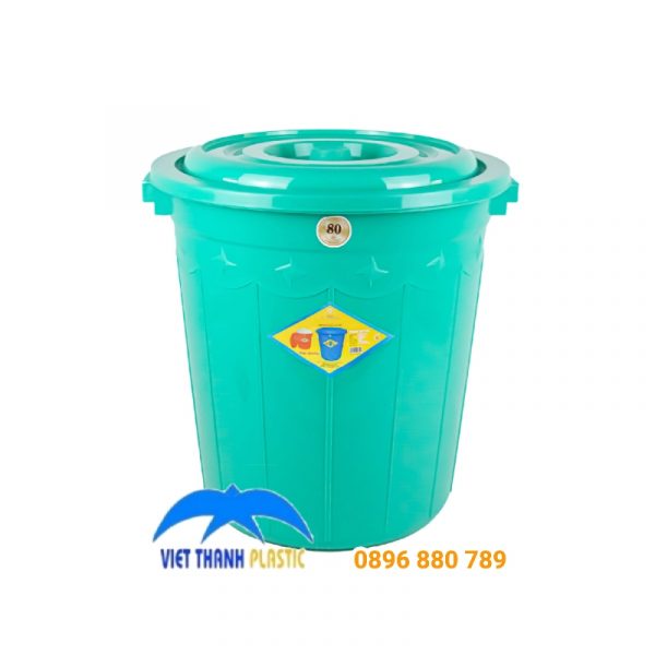 Thùng nhựa 80L có nắp không quai màu xanh, chất liệu PP