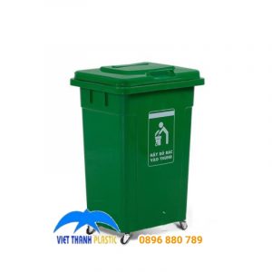 Thùng rác nhựa 90L nắp kín màu xanh lá có bánh xe