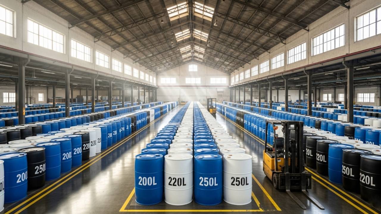 Thùng phi nhựa 200L, 220L, 250L trong kho xưởng doanh nghiệp