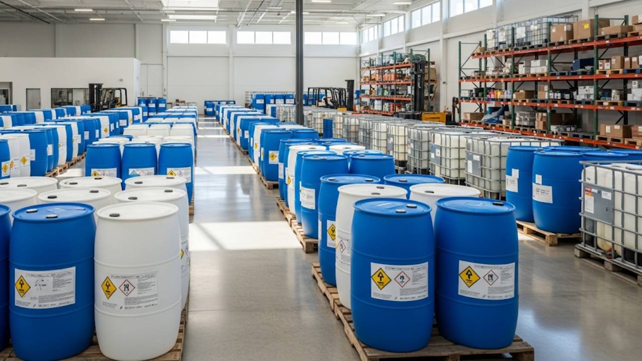 Thùng phi nhựa chứa hóa chất trong kho công nghiệp