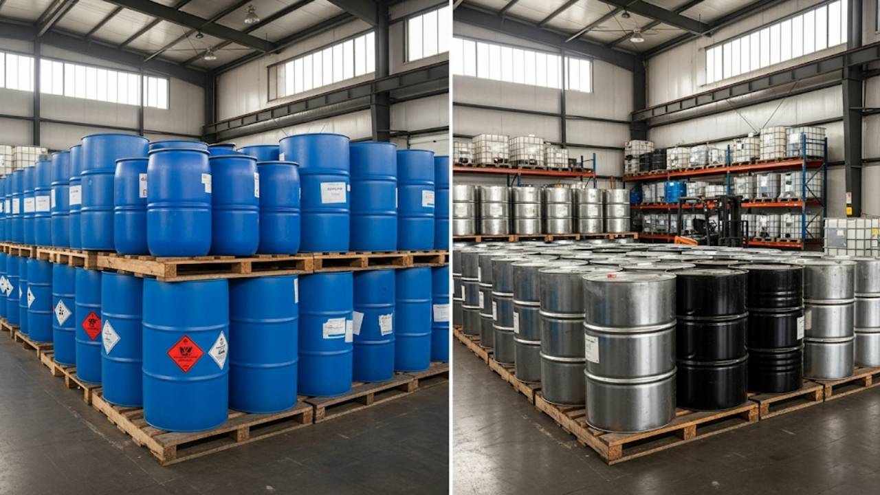 So sánh thùng phi nhựa và thùng phi sắt trong kho hóa chất